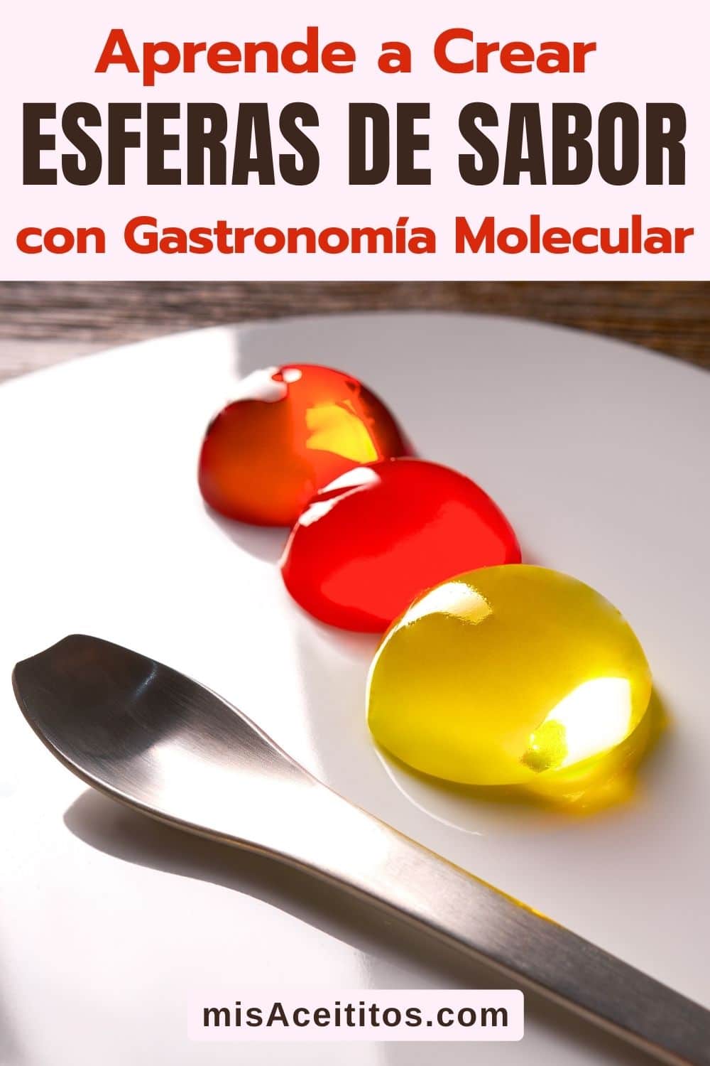 Esferificaciones de gastronomía molecular sobre plato blanco y cuchara de diseño.