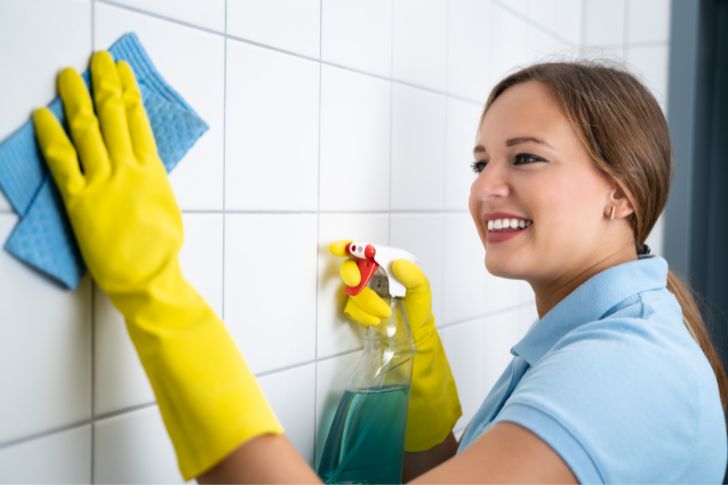 Chica limpiando pared de la cocina con paño de microfibra.