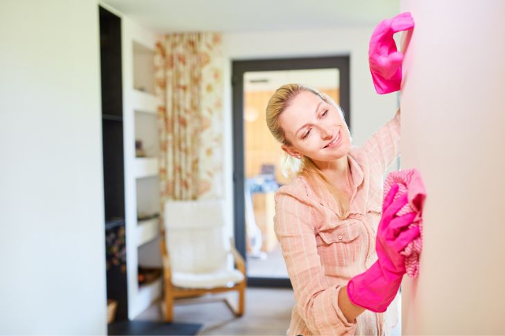 Chica limpiando pared con guantes rosas de limpeza.
