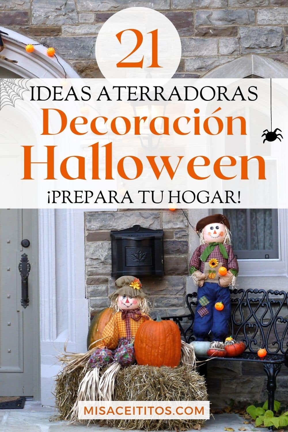 Decoración para la fiesta de Halloween con calabazas y marionetas.