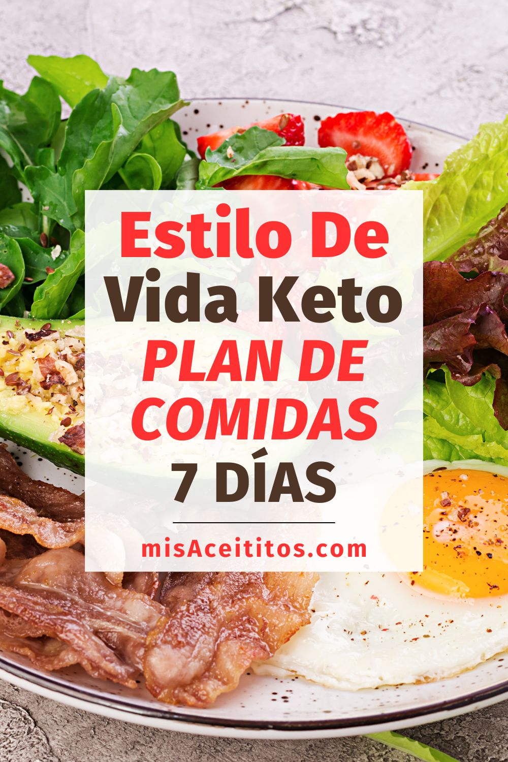 Plato con comida de la dieta keto: huevo frito, bacon, aguacate, rúcula y fresas. Desayuno keto.
