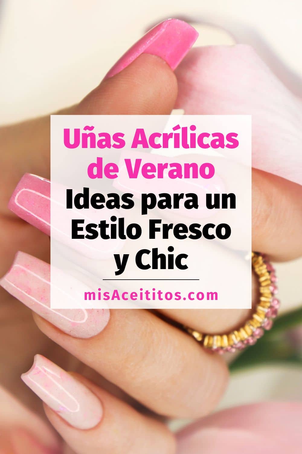 Pin de Pinterest con uñas acrílicas de verano con forma de ataúd en diferentes tonos de color rosa.
