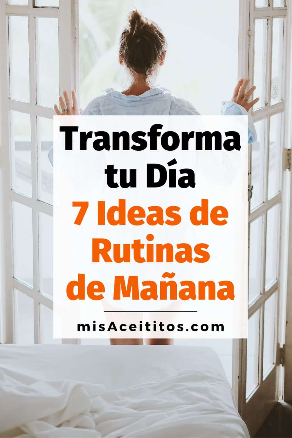 Pin de Pinterest con mujer en dormitorio matinal, rutina de mañana, concepto de empezar un nuevo día.